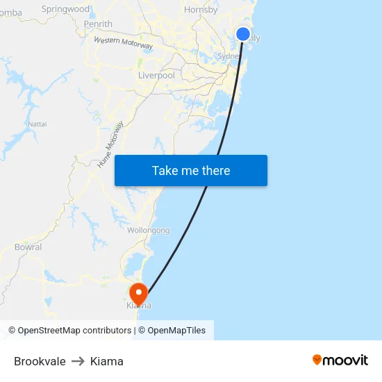 Brookvale to Kiama map