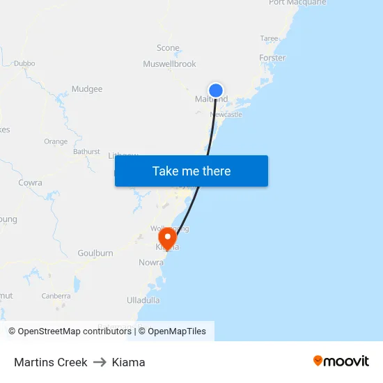Martins Creek to Kiama map