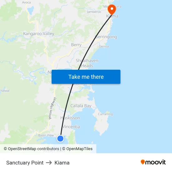 Sanctuary Point to Kiama map
