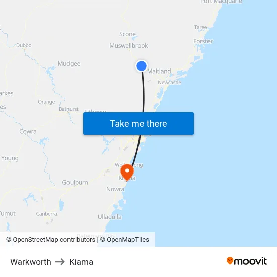 Warkworth to Kiama map