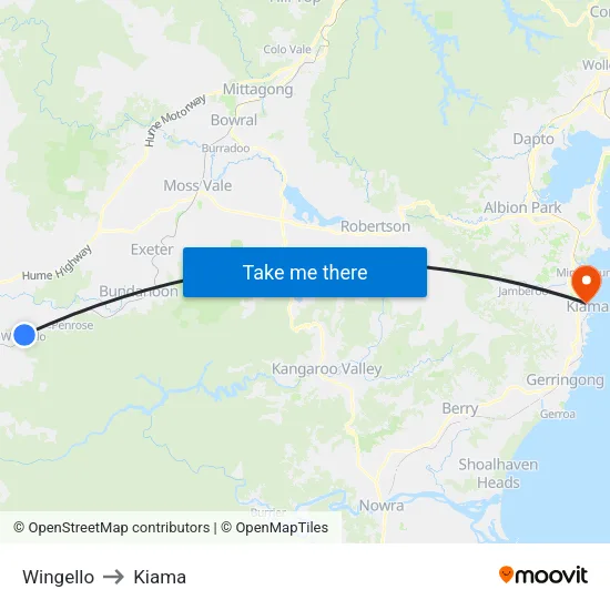 Wingello to Kiama map