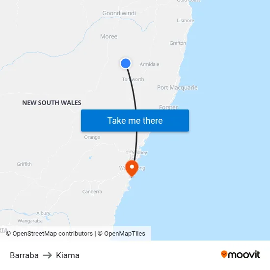 Barraba to Kiama map