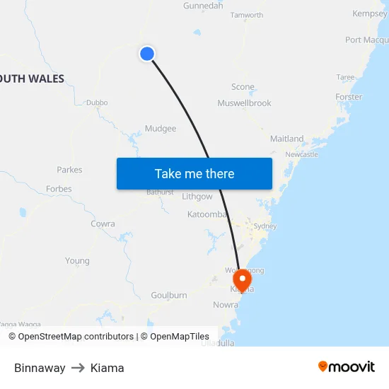 Binnaway to Kiama map