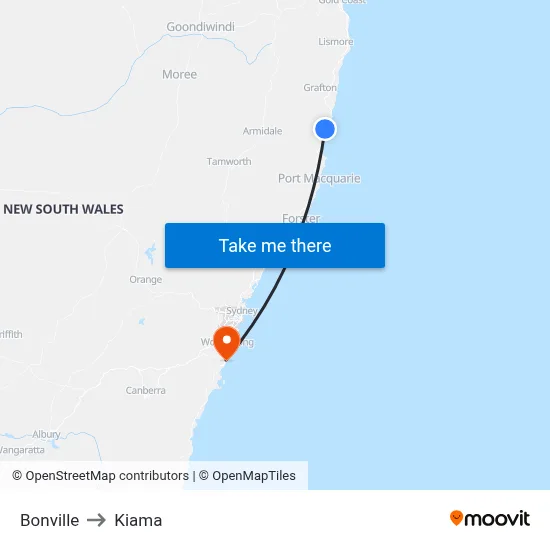 Bonville to Kiama map