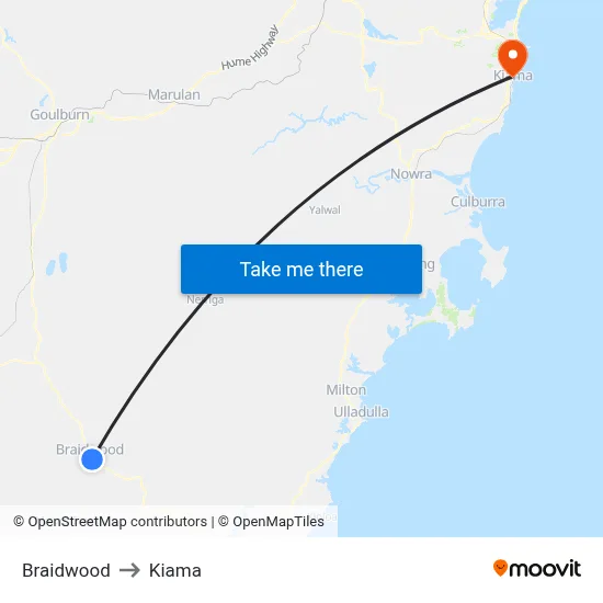 Braidwood to Kiama map
