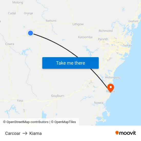 Carcoar to Kiama map