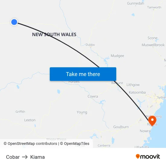 Cobar to Kiama map
