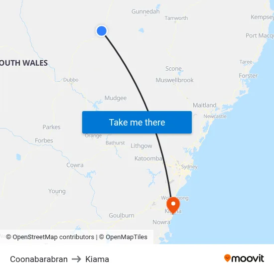 Coonabarabran to Kiama map