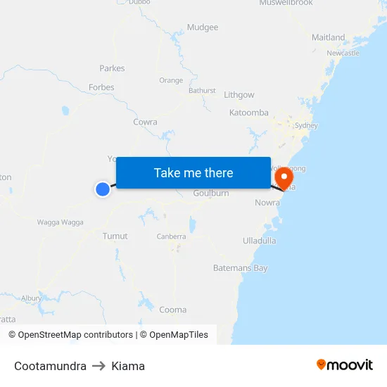 Cootamundra to Kiama map