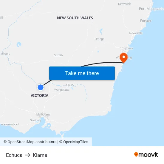 Echuca to Kiama map