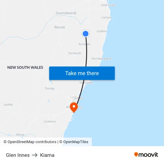 Glen Innes to Kiama map