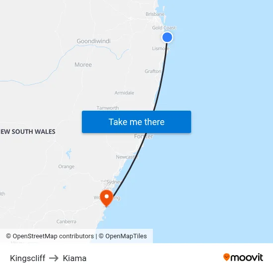 Kingscliff to Kiama map