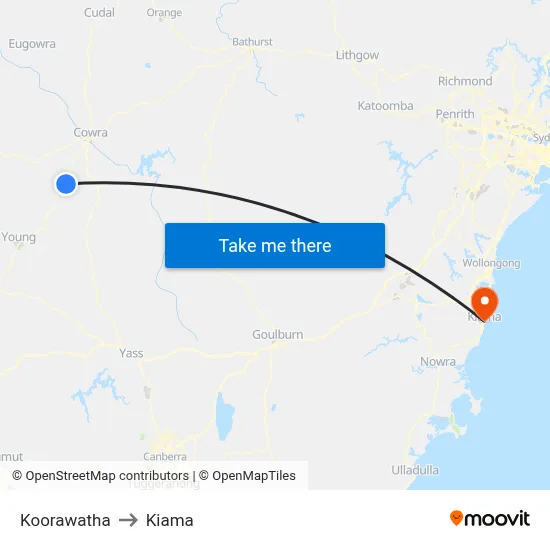 Koorawatha to Kiama map