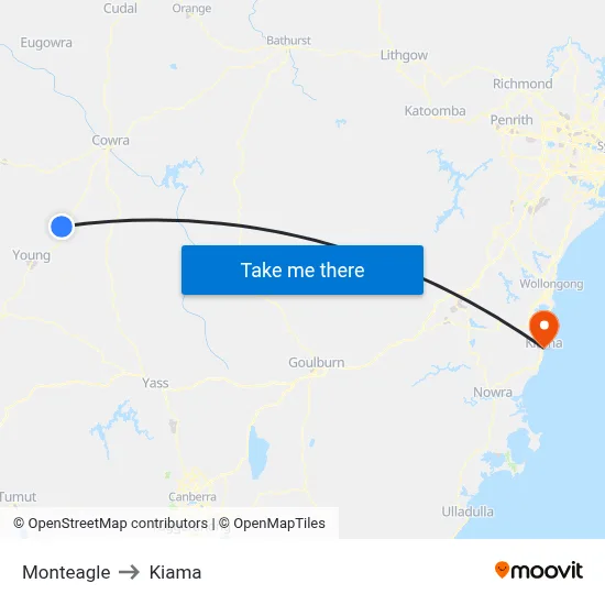 Monteagle to Kiama map