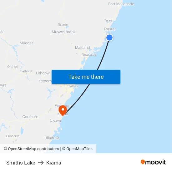 Smiths Lake to Kiama map