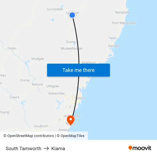 South Tamworth to Kiama map