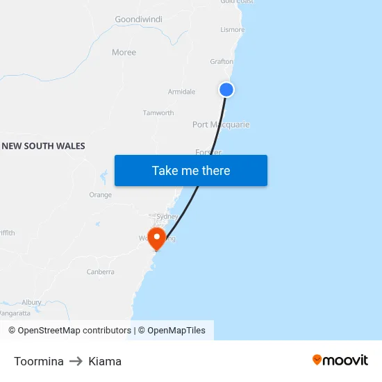 Toormina to Kiama map