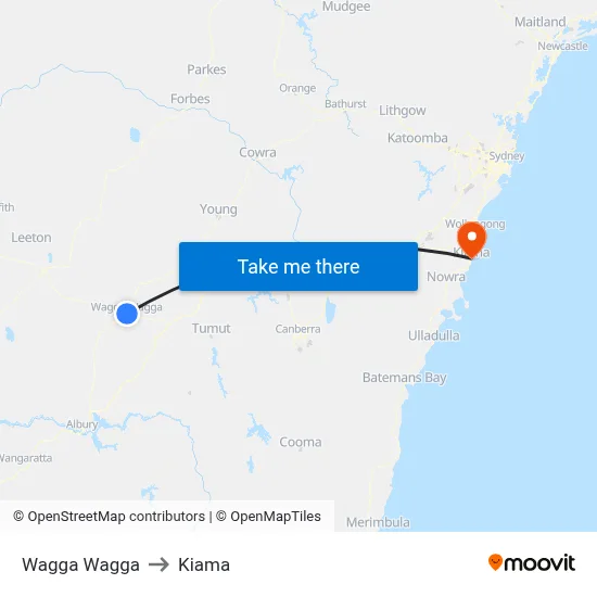 Wagga Wagga to Kiama map