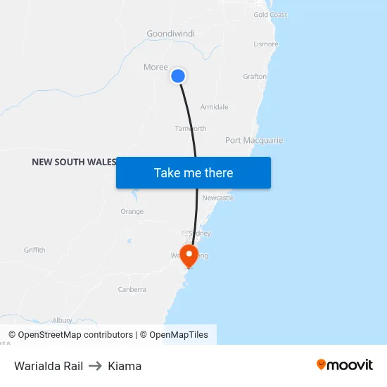 Warialda Rail to Kiama map