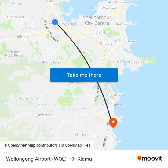 Wollongong Airport (WOL) to Kiama map