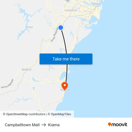 Campbelltown Mall to Kiama map