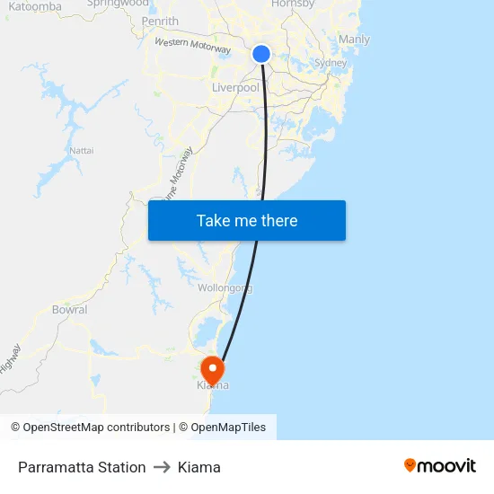Parramatta Station to Kiama map