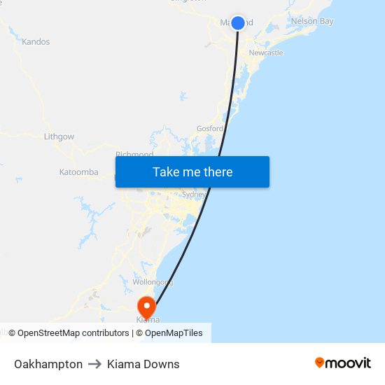 Oakhampton to Kiama Downs map