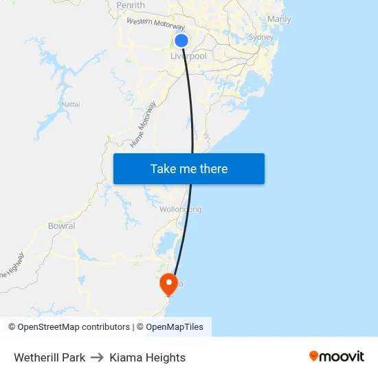 Wetherill Park to Kiama Heights map