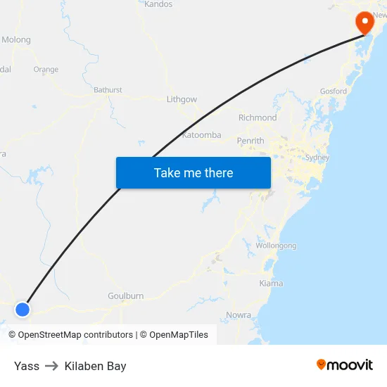 Yass to Kilaben Bay map
