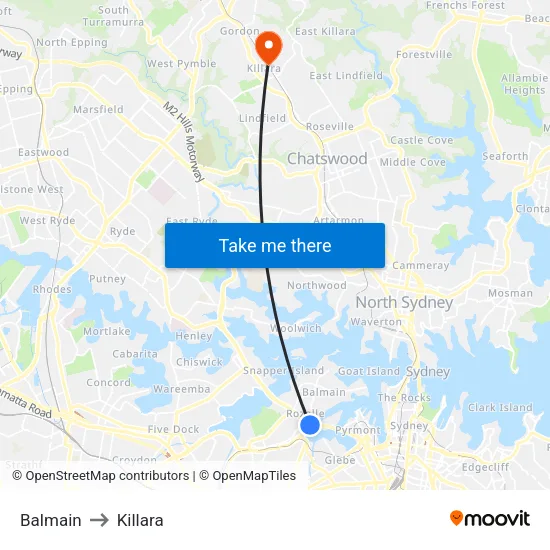 Balmain to Killara map
