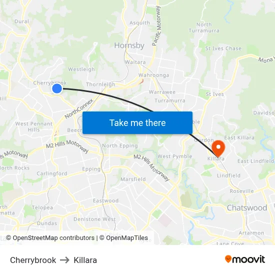 Cherrybrook to Killara map