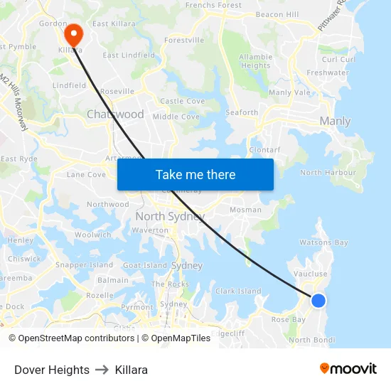 Dover Heights to Killara map
