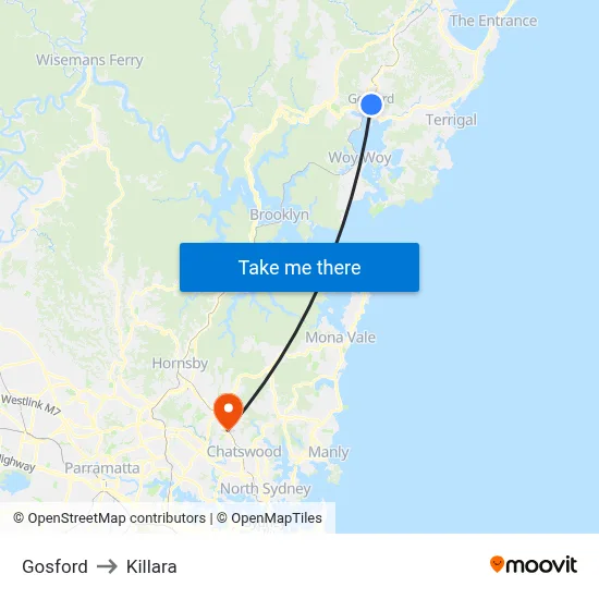 Gosford to Killara map