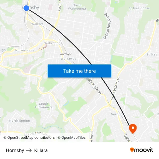 Hornsby to Killara map