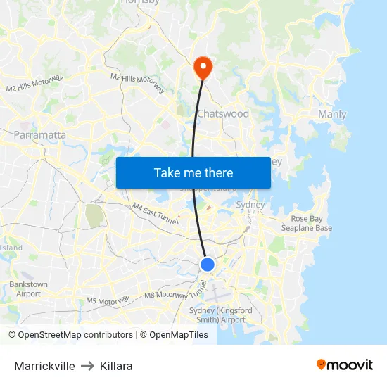 Marrickville to Killara map