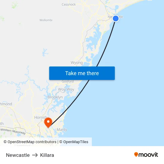 Newcastle to Killara map