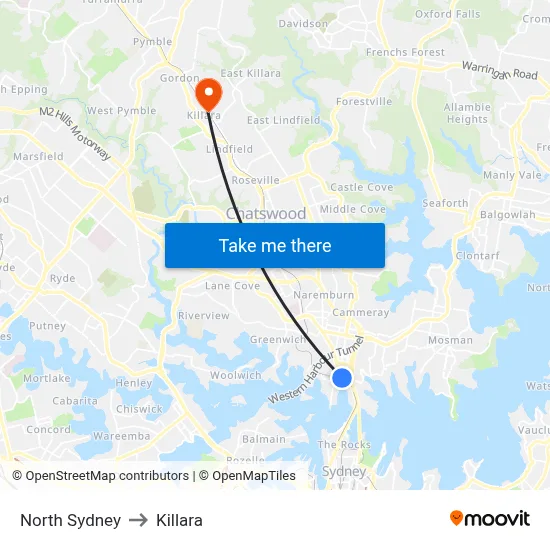 North Sydney to Killara map