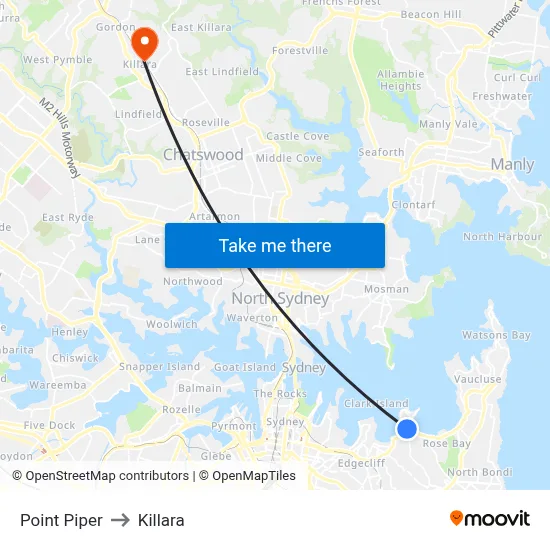 Point Piper to Killara map