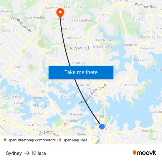 Sydney to Killara map