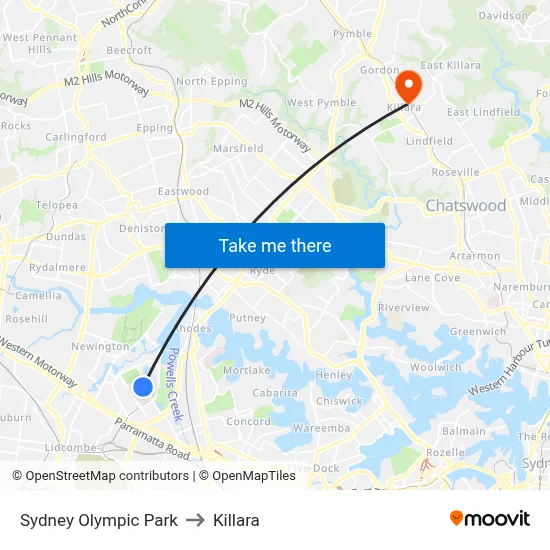 Sydney Olympic Park to Killara map