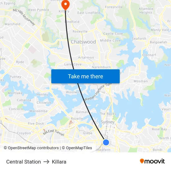 Central Station to Killara map