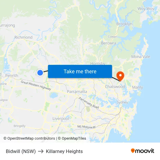 Bidwill (NSW) to Killarney Heights map