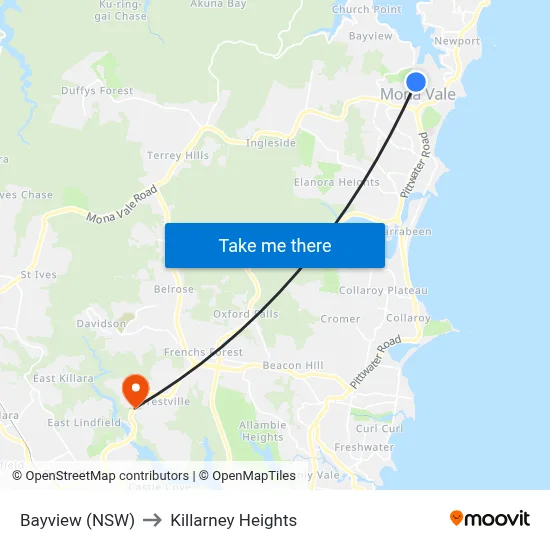 Bayview (NSW) to Killarney Heights map