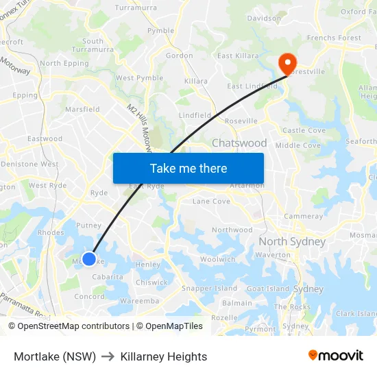 Mortlake (NSW) to Killarney Heights map