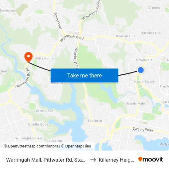 Warringah Mall, Pittwater Rd, Stand B to Killarney Heights map