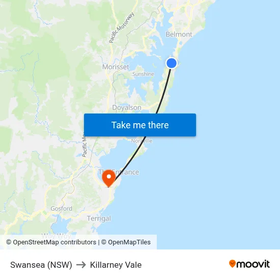 Swansea (NSW) to Killarney Vale map