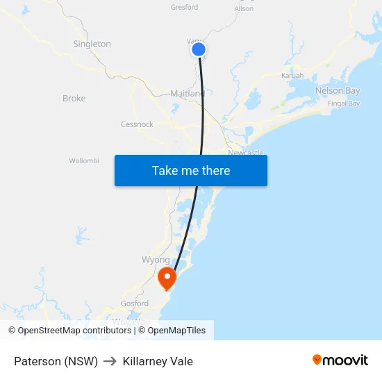 Paterson (NSW) to Killarney Vale map