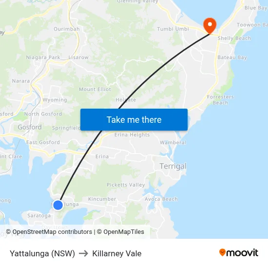 Yattalunga (NSW) to Killarney Vale map