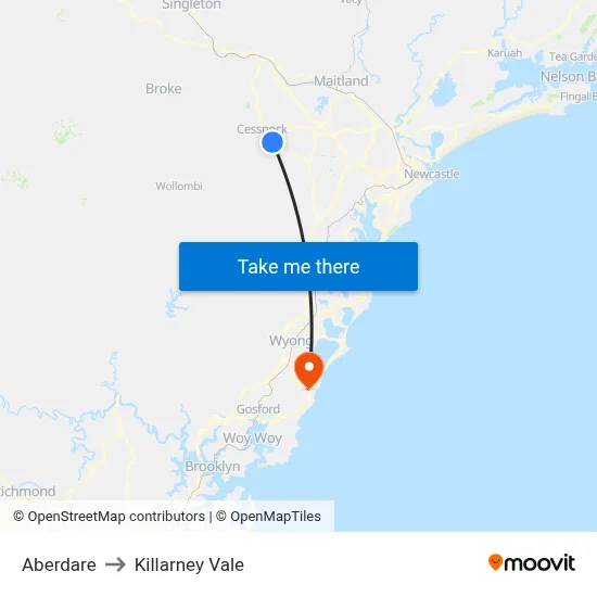 Aberdare to Killarney Vale map