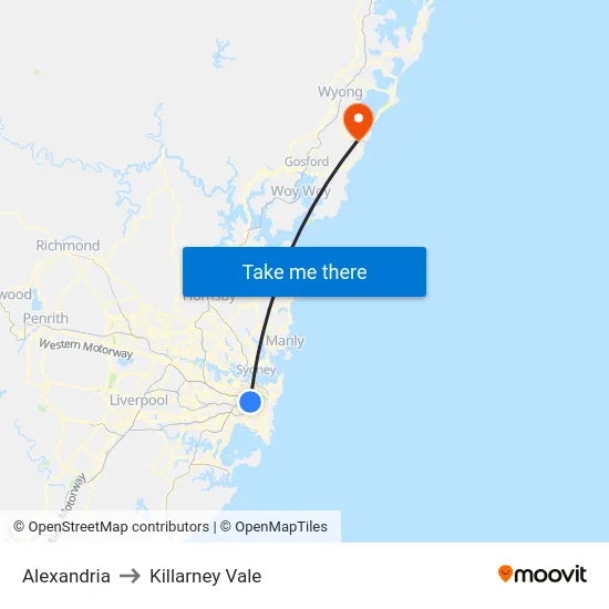 Alexandria to Killarney Vale map